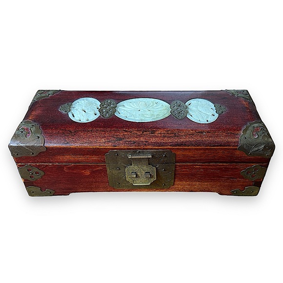 Vintage Chinese Wooden Jewelry Box | Jade + Brass Details | Green Lining | $70 - Picture 10 of 10
